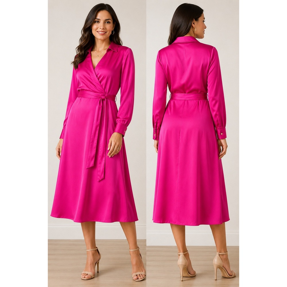 Tahari ASL Fuchsia Pink Satin Wrap Midi Dress Long Sleeve Belted Size 4 2CM158
